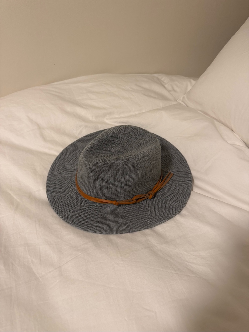 Grey Knit Fedora Hat with Brown Band
